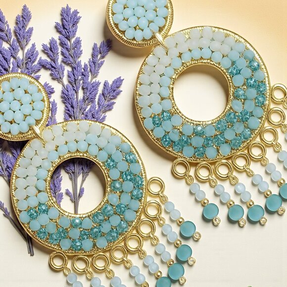 🆕Boho Chic Colombian Handmade Crystal Beaded Gold Plated Statement Earrings - Picture 4 of 11